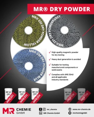 MR® dry powders - Highest precision for magnetic particle testing!

Our MR® dry powders have been specially developed for use in magnetic particle testing (MT). They ensure an optimum display of crack indications and improve the detectability of irregularities on ferromagnetic materials.

The advantages at a glance:
✔ Compliant with standards - Complies with AMS 3040 and all applicable industry standards
✔ Easy application - Can be applied dry to the magnetized surface 
✔ Fast & good display capability
✔ Precise inspection

With MR Chemie, you can rely on the highest quality and reliability in non-destructive testing.

📌 More information:
MR® 234 Blue ➡ https://www.mr-chemie.de/en/products/mr-234-dry-powder-blue/
MR® 233 Yellow ➡ https://www.mr-chemie.de/en/products/mr-233-dry-powder-yellow/
MR® 231 Grey ➡ https://www.mr-chemie.de/en/products/mr-231-dry-powder-grey/
____________________

MR® Trockenpulver – Höchste Präzision für die Magnetpulverprüfung!

Unsere MR® Trockenpulver sind speziell für die Anwendung in der Magnetpulverprüfung (MT) entwickelt worden. Sie sorgen für eine optimale Anzeige von Rissanzeigen und verbessern die Erkennbarkeit von Unregelmäßigkeiten auf ferromagnetischen Materialien.

Die Vorteile auf einen Blick:
✔ Normengerecht – Erfüllt die AMS 3040 und alle anwendbaren Industrienormen
✔ Einfache Anwendung – Trocken auf die magnetisierte Oberfläche auftragbar
✔ Schnelle & gute Anzeigefähigkeit
✔ Präzise Inspektion 

Mit MR Chemie setzt du auf höchste Qualität und Zuverlässigkeit in der zerstörungsfreien Prüfung.

📌 Mehr Infos:
MR® 234 Blau ➡ https://www.mr-chemie.de/produkte/mr-234-trockenpulver-blau-2/
MR® 233 Gelb ➡ https://www.mr-chemie.de/produkte/mr-233-trockenpulver-gelb-2/
MR® 231 Grau ➡https://www.mr-chemie.de/produkte/mr-231-trockenpulver-grau-2/

#mrchemie #ndt #zfp #magneticparticletesting #visualinspection #qualityassurance #industry #safety