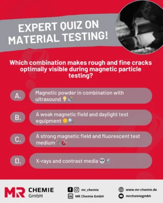 Test your knowledge of magnetic particle inspection! 

The right technique plays a decisive role in non-destructive material testing - especially when it comes to making fine and rough cracks optimally visible. 🧐

Today's quiz is for you!

Write your answer in the comments! 👇
The answer will be revealed next week in a new, exciting video - so stay tuned to find out if you're right! 🔜
__________

Testet euer Wissen zur Magnetpulverprüfung! 

Bei der zerstörungsfreien Werkstoffprüfung spielt die richtige Technik eine entscheidende Rolle – besonders, wenn es darum geht, feine und grobe Risse optimal sichtbar zu machen. 🧐

In unserem heutigen Quiz seid ihr gefragt!

Schreibt eure Antwort in die Kommentare! 👇
Die Auflösung gibt’s nächste Woche in einem neuen, spannenden Video – also bleibt unbedingt dran, um zu erfahren, ob ihr richtig liegt! 🔜

#mrchemie #ndt #quiz #mpi #maketheinvisiblevisible #nondestructivetesting #zfp