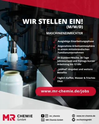 🔎 Wir suchen Verstärkung! 🚀

Du suchst eine neue Herausforderung in einem innovativen Unternehmen? Dann haben wir genau das Richtige für dich!

📌 Offene Stellen:
👨‍🔧 Maschineneinrichter (m/w/d) – Bringe unsere Produktion zum Laufen!
📊 Produktionsplaner & Bestandsmanager (m/w/d) – Optimiere unsere Prozesse und sorge für reibungslose Abläufe!

📍 Standort: Unna
📩 Bewirb dich jetzt und werde Teil unseres Teams!

➡ Mehr Infos: www.mr-chemie.de/jobs

#Jobs #Hiring #Karriere #Maschineneinrichter #Produktion #Bestandsmanagement #Unna #Teamwork