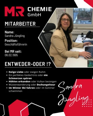 Heute möchten wir euch unsere Geschäftsführerin Sandra vorstellen.

Wenn Sandra eine Superkraft haben könnte, dann wäre es die Fähigkeit zu heilen. Sie würde sie nutzen, um Krankheiten zu besiegen und Menschen ein besseres Leben zu ermöglichen. Ihr Traum-Reiseziel ist China, denn sie möchte die reiche Kultur und Geschichte des Landes hautnah erleben.

In ihrer Freizeit begeistert sie das Skifahren am meisten. Die Bewegung in den Bergen, die frische Luft und die Geschwindigkeit machen diesen Sport für sie einzigartig. Ihr Lieblingsbuch und -film sind Harry Potter sowie Outlander. Beide Geschichten fesseln sie mit ihrer Magie, ihrem Abenteuer und den tiefgründigen Charakteren. Wenn sie im Lotto gewinnen würde, müsste sie erst einmal überlegen, wie sie den Gewinn sinnvoll einsetzt.

Könnte Sandra die Welt für einen Tag regieren, würde sie sofort für echte Gleichberechtigung sorgen, damit alle Menschen die gleichen Chancen im Leben haben. Und wenn sie eine Sportart auf Weltmeisterschaftsniveau betreiben könnte, wäre es definitiv das Skifahren – denn nichts gibt ihr mehr Freiheit als die Abfahrt durch den Schnee.
__________

Today we would like to introduce you to our Managing Director Sandra.

If Sandra could have a superpower, it would be the ability to heal. She would use it to conquer diseases and give people a better life. Her dream travel destination is China, because she wants to experience the country's rich culture and history up close.

In her free time, she enjoys skiing the most. The movement in the mountains, the fresh air and the speed make this sport unique for her. Her favorite books and films are Harry Potter and Outlander. Both stories captivate her with their magic, adventure and deep characters. If she won the lottery, she would first have to think about how to use her winnings wisely.

If Sandra could rule the world for a day, she would immediately ensure real equality so that everyone has the same opportunities in life. And if she could play one sport at world championship level, it would definitely be skiing - because nothing gives her more freedom than skiing downhill through the snow.
