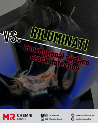 🔍 Crack testing - Riluminati meets proven methods

Conventional non-destructive material testing methods such as the penetrant method have been established for decades. They provide precise snapshots and are indispensable in maintenance, production and repair.

Riluminati supplements these methods with a permanently active coating that makes cracks visible as soon as they appear - even in continuous operation, e.g. using a camera and UV light.

Ideal for safety-critical components such as bridges, machines or weld seams - wherever additional monitoring offers real added value.

__________

🔍 Rissprüfung – Riluminati trifft bewährte Verfahren

Herkömmliche Zerstörungsfreie Werkstoffprüfverfahren wie das Eindringverfahren sind seit Jahrzehnten etabliert. Sie liefern präzise Momentaufnahmen und sind unverzichtbar in Wartung, Produktion und Reparatur.

Riluminati ergänzt diese Methoden durch eine daueraktive Beschichtung, die Risse bereits bei ihrer Entstehung sichtbar macht – auch im Dauerbetrieb, z. B. per Kamera und UV-Licht.

Ideal für sicherheitskritische Bauteile wie Brücken, Maschinen oder Schweißnähte – überall dort, wo zusätzliche Überwachung einen echten Mehrwert bietet.

#mrchemie #riluminati #ndt #nondestuctivetesting #mr815 #mr816
