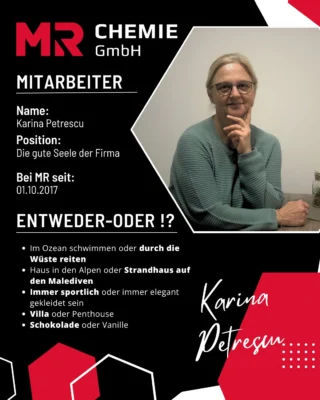 Today's article focuses on our colleague Karina - we are delighted to introduce her to you - a true person of the heart with a big wish: to make the world a better place. If she could have a superpower, she would free people and animals from pain without hesitation - compassion and a willingness to help are what set her apart.
Her dream destination is Dubai, because she loves the diversity of this fascinating city. If she ever had three wishes, health, a world without wars and no hunger would be at the top of her list - clear values that show how important the well-being of all is to her.

In her free time, Karina enjoys going for walks with her dog, as this allows her to experience nature and find peace. Her favorite films are dramas because she loves stories with depth and emotion. And if happiness came in the form of a lottery win? Then Karina would think of her family first and share the winnings with them - typical of her selfless nature.

Dear Karina, thank you for being part of our team!
__________

Im heutigen Beitrag steht unsere Kollegin Karina im Mittelpunkt – wir freuen uns, sie euch vorzustellen – ein echter Herzensmensch mit einem großen Wunsch: die Welt ein Stück besser zu machen. Wenn sie eine Superkraft haben könnte, würde sie ohne Zögern Menschen und Tiere von Schmerzen befreien – Mitgefühl und Hilfsbereitschaft zeichnen sie aus.
Ihr Traum-Reiseziel ist Dubai, denn sie liebt die Vielfalt dieser faszinierenden Stadt. Sollte sie einmal drei Wünsche frei haben, stünden für sie Gesundheit, eine Welt ohne Kriege und kein Hunger ganz oben auf der Liste – klare Werte, die zeigen, wie wichtig ihr das Wohl aller ist.

In ihrer Freizeit genießt Karina Spaziergänge mit ihrem Hund, denn dabei kann sie die Natur erleben und zur Ruhe kommen. Ihre liebsten Filme sind Dramen, weil sie Geschichten mit Tiefe und Emotionen liebt. Und wenn das Glück in Form eines Lottogewinns käme? Dann würde Karina zuerst an ihre Familie denken und den Gewinn mit ihr teilen – ganz typisch für ihre selbstlose Art.

Liebe Karina, schön, dass du Teil unseres Teams bist!