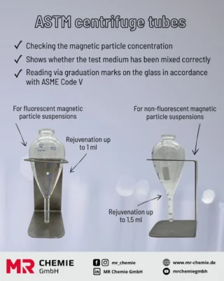 🔍 What is safe is what is tested

The ASTM centrifuge tube from MR Chemie is an indispensable tool for magnetic particle testing in accordance with ASME Code V, Art. 25 (SE-709).

It shows within a few minutes whether your test agent has been mixed correctly - by settling and reading off defined graduation marks in accordance with the standard.

✅ Checks the particle concentration
✅ Displays mixing errors immediately
✅ Available for fluorescent and non-fluorescent suspensions

Experience standard-compliant quality assurance in its simplest form.

🔗 Find out more: www.mr-chemie.de
__________

🔍 Sicher ist, was geprüft ist.

Die ASTM-Birne von MR Chemie ist ein unverzichtbares Tool für die Magnetpulverprüfung nach ASME Code V, Art. 25 (SE-709).

Sie zeigt innerhalb weniger Minuten, ob Ihr Prüfmittel korrekt gemischt wurde – durch normgerechtes Absetzen und Ablesen an definierten Teilstrichen.

✅ Kontrolliert die Partikelkonzentration
✅ Zeigt Mischfehler sofort an
✅ Für fluoreszierende und nicht fluoreszierende Suspensionen erhältlich

Erleben Sie normkonforme Qualitätssicherung in ihrer einfachsten Form.

🔗 Mehr erfahren: www.mr-chemie.de

#mrchemie #astm #centrifugetube #mpi #ndt