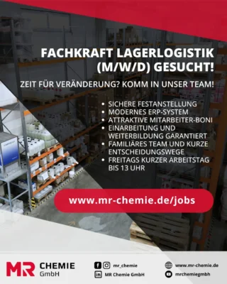 📦🔧 Verstärkung im Lager gesucht – du bist unser Rückgrat!
Ohne dich läuft nichts – denn im Lager sorgst du dafür, dass alles seinen Platz hat und reibungslos funktioniert. Für unser Team in Unna suchen wir eine Fachkraft für Lagerlogistik (m/w/d), die mit Sorgfalt, Teamgeist und einem sicheren Blick für Details überzeugt.
 
Zu deinen Aufgaben gehören unter anderem die Annahme und sachgerechte Einlagerung von Waren sowie die Kommissionierung und Versandvorbereitung. Wenn du eine abgeschlossene Ausbildung im Bereich Lagerlogistik mitbringst, dich mit Stapler und Lagerverwaltungssystemen auskennst und gerne eigenverantwortlich arbeitest, bist du bei uns genau richtig.
 
Wir bieten dir unter anderem eine strukturierte Einarbeitung, ein familiäres Betriebsklima, 30 Tage Urlaub, das JobRad und vieles mehr.
 
👉 Bewirb dich jetzt und werde Teil eines Teams, das auf dich zählt!
📍 Alle Infos unter: www.mr-chemie.de/jobs
 
#Jobs #Lagerlogistik #Karriere #MRChemie #Teamwork #Unna #ZukunftGestalten
