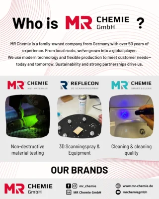 ℹ MR Chemie – Experts in NDT, 3D Scanning & Cleaning
✅ Family-run company from Unna, Germany
– Over 50 years of experience in safety-critical industries
✅ Global reach – locally responsible
– Committed to sustainability, quality, and strong partnerships

Our Brands:
🔍 MR® NDT Materials – Non-Destructive Testing
📸 Reflecon® 3D Scanning Sprays
🧼 MR® Smart & Clean – Smart Industrial & Hygiene Cleaning

👉 Modern tech, flexible production, and proven industry know-how
– We create solutions that deliver – today and in the future.
_________

ℹ MR Chemie – Kompetenz in ZFP, 3D-Scanning & Reinigung
✅ Familienunternehmen aus Unna
– Seit über 50 Jahren aktiv in sicherheitsrelevanten Industrien
✅ Global tätig – mit lokaler Verantwortung
– Nachhaltigkeit, Qualität und Partnerschaft stehen im Mittelpunkt

Unsere Marken:
🔍 MR® NDT Materials – Zerstörungsfreie Werkstoffprüfung (ZfP)
📸 Reflecon® 3D Scanning Sprays
🧼 MR® Smart & Clean – Saubere Lösungen für Industrie & Hygiene

👉 Moderne Technologie, flexible Produktion und langjährige Expertise
– Wir liefern Lösungen, die funktionieren – heute und morgen.

#MRChemie #NDT #ZfP #Oberflächenprüfung #IndustrieInsights