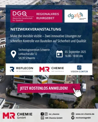 Make the invisible visible – Zwei innovative Lösungen für Sicherheit & Qualität

Der DGQ Regionalkreis Ruhrgebiet lädt herzlich zu einer kostenlosen Präsenzveranstaltung ein. Und wir freuen uns, dass auch die DGZFP an diesem Abend zu Gast sein wird! 🙂

Ihr erlebt zwei Technologien, die Unsichtbares sichtbar machen – und damit neue Maßstäbe in der Qualitätssicherung und Wartung setzen.

✨ 1. Riluminati – Risse erkennen, bevor es kritisch wird

Ermüdungsrisse entstehen oft schleichend und bleiben lange unbemerkt – bis es zu spät ist.
Mit dem interdisziplinären Projekt Riluminati zeigen wir euch ein patentiertes Verfahren zur Risslumineszenz, das selbst kleinste Schäden unter UV-Licht sichtbar macht – völlig berührungslos, zuverlässig und ohne Unterbrechung des laufenden Betriebs.

Eure Vorteile:

- Frühzeitige Erkennung von Materialermüdung
- Kontinuierliche Überwachung sicherheitskritischer Bauteile
- Verlängerung der Lebensdauer & Erhöhung der Betriebssicherheit
- Minimaler Prüfaufwand, maximale Aussagekraft

👉 Riluminati – Sichtprüfung neu gedacht: einfach, präzise, praxisnah.

📏 2. Optische 3D-Messtechnik & 3D-Scanning-Sprays – Präzision in jeder Dimension

Komplexe Oberflächenformen präzise erfassen? Mit moderner optischer 3D-Messtechnik ist das schnell, berührungslos und hochgenau möglich. Besonders bei glänzenden oder transparenten Materialien sorgen 3D-Scanning-Sprays für eine optimale Messbasis: Eine feine, matte Schicht eliminiert störende Reflexionen und ermöglicht Messungen mit höchster Genauigkeit.

Einsatzmöglichkeiten & Nutzen:

- Maßhaltigkeits- und Formprüfung in der Produktion
- Vergleich mit CAD-Referenzmodellen in Echtzeit
- Vermeidung von Messfehlern
- Sicherstellung von Produktionsqualität und Formtreue

💡 Die Teilnahme ist kostenlos – und alle Interessierten sind herzlich willkommen!

Kommt vorbei, tauscht euch mit Fachleuten aus und gewinnt praxisnahe Einblicke in zwei der spannendsten Technologien der zerstörungsfreien Prüfung.

Zur Anmeldung geht es über den Veranstaltungskalender: www.dgq.de/event