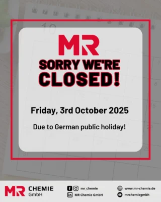 Please note that our company will be closed on Friday, October 3rd, 2025 due to a German public holiday.

We’ll be back for you on Monday, October 6th. Thank you for your understanding!
__________

Bitte beachten Sie, dass unser Unternehmen am Freitag, den 3. Oktober 2025, aufgrund eines gesetzlichen Feiertags in Deutschland geschlossen bleibt.

Ab Montag, den 6. Oktober, sind wir wieder wie gewohnt für Sie da. Vielen Dank für Ihr Verständnis!

#mrchmie #reflecon #companyclosed #publicholiday
