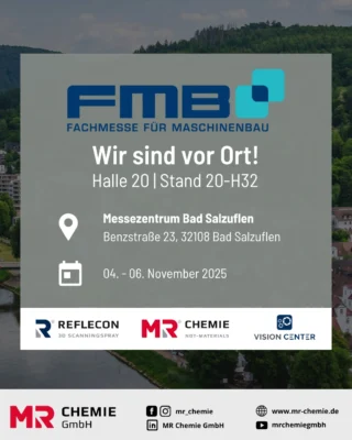 Meet us at FMB 2025 in Bad Salzuflen!
From November 4 to 6, we will be exhibiting at FMB – Trade Fair for Mechanical Engineering together with our partner Vision Center GmbH.
📍 Booth 20-H32 | Bad Salzuflen Exhibition Center
🕘 Opening hours:
•  Tuesday & Wednesday: 9:00 a.m. – 5:00 p.m.
•  Thursday: 9:00 a.m. – 4:00 p.m.
FMB brings together decision-makers, developers, and practitioners from the mechanical and plant engineering sectors – and we are right in the middle of it. Together with Vision Center, we will show you how modern 3D measurement technology and intelligent quality assurance make manufacturing processes more efficient and precise.
📅 Save the date – we look forward to seeing you there!
__________
Trefft uns auf der FMB 2025 in Bad Salzuflen!
Vom 4. bis 6. November sind wir gemeinsam mit unserem Partner Vision Center GmbH auf der FMB – Fachmesse für Maschinenbau vertreten.
📍 Stand 20-H32 | Messezentrum Bad Salzuflen
🕘 Öffnungszeiten:
• Dienstag & Mittwoch: 9:00 – 17:00 Uhr
• Donnerstag: 9:00 – 16:00 Uhr
Die FMB bringt Entscheider, Entwickler und Praktiker aus dem Maschinen- und Anlagenbau zusammen – und wir sind mittendrin. Gemeinsam mit Vision Center zeigen wir euch, wie moderne 3D-Messtechnik und intelligente Qualitätssicherung Fertigungsprozesse effizienter und präziser machen.
📅 Save the Date – wir freuen uns auf euren Besuch!
#mrchemie #visioncenter #reflecon #3dscanningspray #3dscan