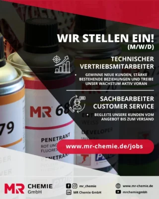 🚀 MR Chemie wächst – und du kannst mitziehen! 
Wir suchen Menschen, die lieber anpacken als abwarten: 

🔧 Technischer Außendienst / Vertriebsingenieur 
📞 Customer Service / Sachbearbeitung 

Wenn du Lust auf ein bodenständiges Familienunternehmen hast, das weltweit liefert, aber noch weiß, wie man miteinander redet – dann klick dich rein 👇 

👉 www.mr-chemie.de/jobs Wir freuen uns auf Menschen, die nicht nur mitarbeiten, sondern mitdenken. 💥 

#Jobs #Karriere #Unna #MRchemie #Vertrieb #CustomerService #Teamwork #NDT #Industrie #JetztBewerben