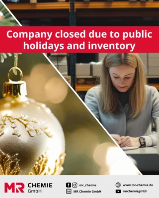 We are taking a short break!
Our business will be closed from December 24, 2025, through January 1, 2026, inclusive – holidays and inventory are coming up.

Important: The last shipping day is December 17, 2025.
Please order in good time so that everything arrives on time!

We will be back as usual on January 2, 2026.

Thank you for your understanding and have a relaxing Christmas season! 
__________

Wir machen eine kurze Pause!
Unser Betrieb ist vom 24.12.2025 bis einschließlich 01.01.2026 geschlossen – Feiertage und Inventur stehen an.

Wichtig: Der letzte Versandtag ist der 17.12.2025.
Bitte bestellt rechtzeitig, damit alles pünktlich bei euch ankommt!

Ab dem 02.01.2026 sind wir wieder wie gewohnt für euch da.

Danke für euer Verständnis und eine entspannte Weihnachtszeit! 

#mrchemie #companyholiday #inventory #companyclosed #christmas