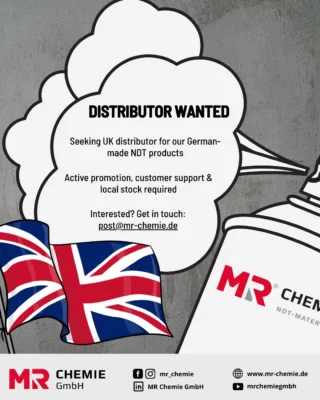 We would like to further expand our presence in the United Kingdom and are looking for a committed sales partner who can professionally position our portfolio of high-quality NDT consumables and equipment (MPI & PT) in the market.

It is important for us to find a partner who
- actively sells our products,
- provides expert support to local customers,
- and ensures reliable product availability in the United Kingdom.

If your company has experience in the field of NDT supplies, has an established customer network, and is interested in a long-term partnership, we look forward to hearing from you.

📩 Contact: post@mr-chemie.de

We look forward to an initial conversation and mutual exchange.

#mrchemie #distributoruk #newdistributor #ndt #pt #mpi