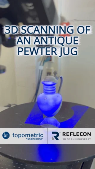Not just an object – a piece of history.

An antique pewter jug was digitized in high resolution to preserve even the finest engravings for future generations.

Topometric carried out the digitization as a commissioned scanning service for a customer. The scope of services provided by Topometric Engineering GmbH includes high-resolution 3D capture of complex geometries, preparation and alignment of scan data, and provision of this data as a precise basis for further use.

REFLECON® Tarnish 50 was used to create a uniform, matte surface. Reflections and other disruptive influences are reduced so that even the smallest structures can be reliably captured.

After positioning under the 3D scanner, a high-precision data set is created, which can be viewed in detail and further processed in software and serves as a basis for technical applications – in this case, for a possible replication of the heirloom.

Many thanks to Topometric for providing the video material and demonstrating how crucial proper surface preparation is for 3D scanning.
__________

Nicht nur ein Objekt – ein Stück Geschichte.

Ein antiker Zinnkrug wurde hochauflösend digitalisiert, um selbst feinste Gravuren für kommende Generationen zu erhalten.

Topometric realisierte die Digitalisierung als beauftragte Scan-Dienstleistung für einen Kunden. Zum Leistungsumfang der Topometric Engineering GmbH gehören die hochauflösende 3D-Erfassung komplexer Geometrien, die Aufbereitung und Ausrichtung der Scandaten sowie deren Bereitstellung als präzise Grundlage für eine weiterführende Nutzung.
Mit REFLECON® Tarnish 50 wurde eine gleichmäßige, matte Oberfläche erzeugt. Spiegelungen und Störeinflüsse werden reduziert, sodass auch kleinste Strukturen zuverlässig erfasst werden können.

Nach der Positionierung unter dem 3D-Scanner entsteht ein hochpräziser Datensatz, der in der Software weiterverarbeitet werden kann und als Grundlage für technische Anwendungen dient – hier beispielsweise für eine mögliche Replikation des Erbstücks.

Vielen Dank an Topometric für die Bereitstellung des Videomaterials und die Demonstration, wie entscheidend die richtige Oberflächenvorbereitung beim 3D-Scannen ist.
