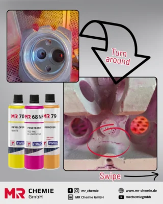 Fine cracks. Clear results.

At first glance, this cylinder head appears to be flawless. The dye penetration test with MR Chemie products reveals what is really hidden beneath the surface.

First, MR® 79 Remover ensures a clean surface that is ready for testing. Then MR® 68 NF Penetrant red and fluorescent penetrates even the finest cracks. After intermediate cleaning, MR® 70 Developer white takes over and reveals what was previously hidden. The result: clear indications, high contrast, and reliable findings—standard-compliant, reproducible, and practical.

When it comes to quality, every detail counts. MR Chemie—PT systems that make defects visible.
_________

Feine Risse. Klare Ergebnisse.

Auf den ersten Blick wirkt dieser Zylinderkopf einwandfrei.
Die Farbeindringprüfung mit MR Chemie Produkten zeigt, was wirklich in der Oberfläche steckt.

Zuerst sorgt MR® 79 Reiniger für eine saubere, prüfbereite Oberfläche.
Anschließend dringt MR® 68 NF Penetrant rot und fluoreszierend selbst in feinste Risse ein. Nach der Zwischenreinigung übernimmt MR® 70 Entwickler weiß und macht sichtbar, was zuvor verborgen war. Das Ergebnis: klare Anzeigen, hoher Kontrast und zuverlässige Befunde – normkonform, reproduzierbar und praxisnah.

Wenn es auf Qualität ankommt, zählt jedes Detail. MR Chemie – PT-Systeme, die Fehler sichtbar machen.

#mrchemie #pt #crackdetection