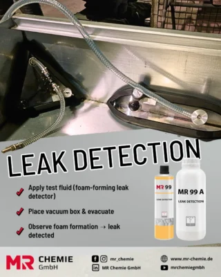 Vacuum leak testing with a VSP device and foam-forming testing agent quickly and reliably detects leaks in weld seams or cast surfaces.

How it works:
1️⃣ Wet the test area with MR® 99 leak detector
2️⃣ Place the vacuum box on top and evacuate
3️⃣ Observe foam formation → Leak located

💡 Advantages:
– High detection sensitivity
– Clear visual indication through foam formation
– Can also be used on test areas that are only accessible from one side
– Easy to use with vacuum box & VSP device

For tight weld seams, reliable testing processes – and greater safety in every detail.
__________

Die Vakuum-Leckprüfung mit VSP-Gerät und schaumbildendem Prüfmittel zeigt Undichtigkeiten an Schweißnähten oder Gussoberflächen schnell und sicher.

So funktioniert’s:
1️⃣ Prüfbereich mit MR® 99 Lecksucher benetzen
2️⃣ Vakuumglocke aufsetzen & evakuieren
3️⃣ Schaumbildung beobachten → Leck lokalisiert

💡 Vorteile:
– Hohe Nachweisempfindlichkeit
– Klare visuelle Anzeige durch Schaumpilzbildung
– Auch bei einseitig zugänglichen Prüfbereichen einsetzbar
– Einfache Anwendung mit Vakuumglocke & VSP-Gerät

Für dichte Schweißnähte, zuverlässige Prüfprozesse – und mehr Sicherheit in jedem Detail.

#mrchemie #leakdetection #vacuumboxes #quality