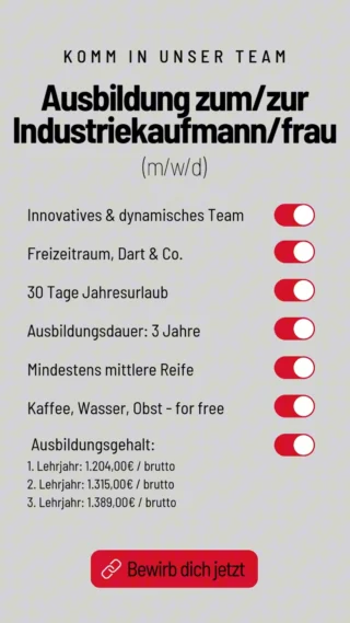 Industriekaufmann/-frau ist mehr als nur Büroalltag.
Hier geht’s um Mitdenken, Organisation und den Blick fürs Ganze. 💼📊
 
Als Industriekaufmann/-frau lernst du, wie ein Unternehmen wirklich funktioniert – von der Bestellung über den Kundenservice bis zur Rechnung. Einkauf, Marketing, Finanzbuchhaltung. Du bist überall mittendrin statt nur dabei.
 
Bei MR Chemie arbeitest du von Anfang an aktiv mit, übernimmst Verantwortung in echten Projekten und entwickelst deine Stärken Schritt für Schritt weiter – auch international. Moderne IT-Systeme, klare Abläufe und ein Team, das zusammenhält, gehören einfach dazu.
 
Und ja: Kaffee für die Seele ☕, frisches Obst 🍎, ein Freizeitraum und 30 Tage Urlaub sind natürlich auch am Start. 😉
 
🎓 Ausbildungsstart: 01.08.2026
📍 Standort: Unna
 
Klingt nach dir?
Dann bewirb dich jetzt und zeig, dass kaufmännische Ausbildung richtig was kann.
 
#ausbildung2026 #industriekaufmann #azubilife #karrierestart #unna #teammr #zukunftmachen