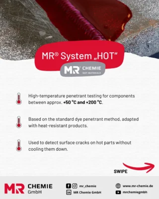 Heat doesn’t wait. Why should your inspection? 🔎

When components are running at temperature, stopping for testing costs time.
MR® System HOT is built for exactly these moments — enabling high-temperature penetrant testing up to +200 °C without interrupting your workflow.

Reliable results. Seamless integration.
Inspection that keeps pace with your process.

Explore the system:
www.mr-chemie.de
__________

Hitze wartet nicht. Warum sollte deine Prüfung es tun? 🔎

Wenn Bauteile unter Temperatur stehen, kostet jede Unterbrechung wertvolle Zeit. MR® System HOT wurde genau dafür entwickelt — Hochtemperatur-Rissprüfung bis +200 °C, integriert in den laufenden Prozess.

Zuverlässige Ergebnisse. Nahtlose Abläufe.
Prüftechnik, die mit Ihrem Prozess Schritt hält.

Mehr erfahren unter:
www.mr-chemie.de

#mrchemie #hotsystem #ndt #pt