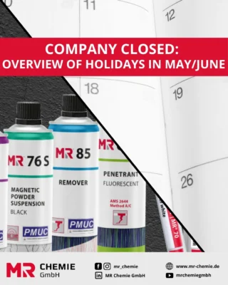 Company closed: Overview of holidays in May and June 📅
Due to public holidays in Germany, our business will be closed on the following days in May and June:

• May 1, 2026
• May 14, 2026
• May 25, 2026
• June 4, 2026

Please keep these dates in mind when planning your orders and inquiries.

________

Aufgrund von Feiertagen bleibt unser Betrieb an folgenden Tagen im Mai und Juni geschlossen:

• 01.05.2026
• 14.05.2026
• 25.05.2026
• 04.06.2026

Insbesondere für Bestellungen und Anfragen sind diese Termine zu berücksichtigen.

#mrchemie #companyholiday #publicholiday #closed