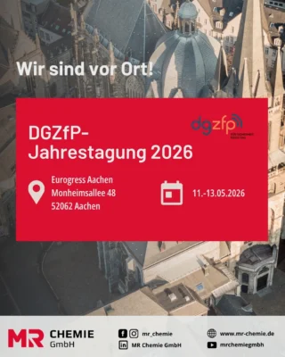 We’re heading to Aachen! 👋
From May 11 to 13, 2026, MR Chemie will be attending the DGZfP Annual Conference 2026 – one of the meeting points for the non-destructive testing industry.

We will be on site to connect with industry experts, discuss current trends and innovations, and present our solutions in the field of NDT.

Whether it’s penetrant testing, magnetic particle testing or leak testing – we’re looking forward to exciting conversations and valuable exchanges.

📍 Location: Eurogress Aachen
📅 Date: May 11–13, 2026

Come by and say hello – we look forward to meeting you!
_________

Wir fahren nach Aachen! 👋
Vom 11. bis 13. Mai 2026 sind wir auf der DGZfP-Jahrestagung 2026 vertreten – einem der Treffpunkte der zerstörungsfreien Prüftechnik.

Wir sind vor Ort um mit Fachleuten aus der Branche ins Gespräch zu kommen, aktuelle Trends und Innovationen zu diskutieren und unsere Lösungen im Bereich NDT vorzustellen.

Ob Farbeindringprüfung, Magnetpulverprüfung oder Lecksuche – wir freuen uns auf spannende Gespräche und einen wertvollen Austausch.

📍 Ort: Eurogress Aachen
📅 Datum: 11.–13. Mai 2026

Kommt vorbei und sprecht uns an – wir freuen uns auf euch!

#mrchemie #dgzfp #jahrestagung2026 #aachen #ndt #nondestructivetesting #qualityassurance #industrialinspection