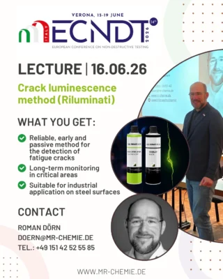 From June 15–19, our team will be attending the ECNDT 2026 in Verona – one of Europe’s leading conferences for Non-Destructive Testing. 🇮🇹🔍

A special highlight for us this year:
On June 16, our colleague Roman Dörn will give a lecture on the topic:

“Crack luminescence method (Riluminati)”

The method offers several advantages:

✔ Reliable early crack detection
✔ Passive long-term monitoring
✔ Suitable for industrial applications on steel structures

The lecture combines classical NDT approaches with modern Structural Health Monitoring concepts and provides insights into practical applications for critical infrastructure and long-life components.

In addition to the lecture, several members of our international sales and technical team will be present throughout the event and are looking forward to exchanging ideas with experts, researchers and industry professionals from across Europe.

📍 ECNDT 2026 – Verona, Italy
📅 Lecture: June 16, 2026

See you in Verona! 👋
__________

Vom 15.–19. Juni ist unser Team auf der ECNDT 2026 in Verona vertreten – einer der wichtigsten europäischen Fachkonferenzen für zerstörungsfreie Prüfung. 🇮🇹🔍

Ein besonderes Highlight in diesem Jahr:
Unser Kollege Roman Dörn hält am 16. Juni einen Vortrag zum Thema:

„Risslumineszenzverfahren (Riluminati)“

Die Methode bietet dabei mehrere Vorteile:

✔ Zuverlässige frühzeitige Risserkennung
✔ Passive Langzeitüberwachung
✔ Geeignet für industrielle Anwendungen an Stahlkonstruktionen

Der Vortrag verbindet klassische Ansätze der zerstörungsfreien Prüfung mit modernen Structural-Health-Monitoring-Konzepten und gibt Einblicke in praxisnahe Anwendungen für kritische Infrastruktur und langlebige Bauteile.

Neben dem Vortrag werden weitere Kolleginnen und Kollegen aus unserem Vertriebs- und Technikteam während der gesamten Veranstaltung vor Ort sein und freuen sich auf den fachlichen Austausch mit Experten, Forschenden und Anwendern aus ganz Europa.

📍 ECNDT 2026 – Verona, Italien
📅 Vortrag: 16. Juni 2026

Wir sehen uns in Verona! 👋