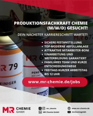 Anpacken und Ergebnisse sehen? - Dann komm zu MR Chemie nach Unna als Produktionsfachkraft Chemie (m/w/d). 🧪

Bei uns stellst du Halb- und Fertigerzeugnisse nach Rezeptur her, bedienst und überwachst Produktionsanlagen, führst Qualitätskontrollen durch und sorgst dafür, dass unsere Produkte termingerecht das Werk verlassen.

Du hast eine Ausbildung als Produktionsfachkraft Chemie oder eine vergleichbare Qualifikation? Dann freuen wir uns auf deine Bewerbung.

👉 www.mr-chemie.de/jobs