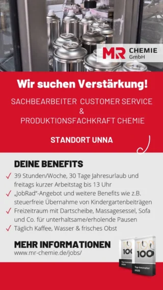 🎯 Volltreffer! Vielleicht ist MR Chemie ja auch dein nächstes Ziel.
Wir sind auf der Suche nach Verstärkung und haben aktuell zwei offene Stellen:

👉 Sachbearbeiter Customer Service (m/w/d)
Du behältst Kunden, Aufträge und Exportprozesse im Blick und sorgst gemeinsam mit unserem Vertrieb dafür, dass vom Angebot bis zur Rechnung alles sitzt.

👉 Produktionsfachkraft Chemie (m/w/d)
Du arbeitest direkt an der Herstellung unserer Produkte, bedienst und überwachst Produktionsanlagen und stellst gemeinsam mit deinem Team Qualität und reibungslose Abläufe sicher.

Was dich bei uns erwartet? Ein mittelständisches Familienunternehmen, 30 Tage Urlaub, kurze Freitage, JobRad und einige weitere Benefits. Und die Dartscheibe für den nächsten Volltreffer steht natürlich auch schon bereit. 🎯

Interesse? Dann schau dir unsere offenen Stellen an und bewirb dich bei MR Chemie!

#MRChemie #Karriere #Jobs #Unna #Stellenangebot #CustomerService #Chemie #Produktion #WirSuchenDich